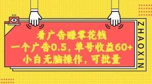 无脑看广告获取收益，一条广告0.5，日稳定60-100+，可批量放大，超级稳定。-泰戈创艺资源库