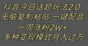 抖音今日话题2.0最新玩法  复制粘贴配音 一周涨粉2W+ 过万真的很简单-泰戈创艺资源库