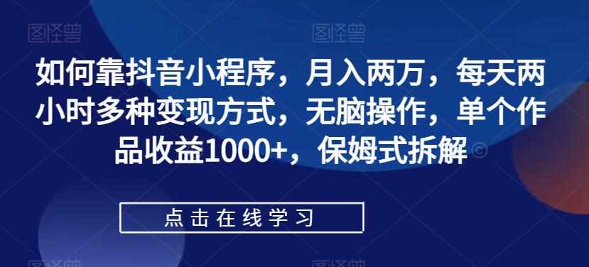 如何靠抖音小程序，月入两万，每天两小时多种变现方式，无脑操作，单个作品收益1000+，保姆式拆解-泰戈创艺资源库