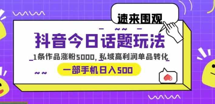 抖音今日话题玩法，1条作品涨粉5000，私域高利润单品转化一部手机日入500【揭秘】-泰戈创艺资源库
