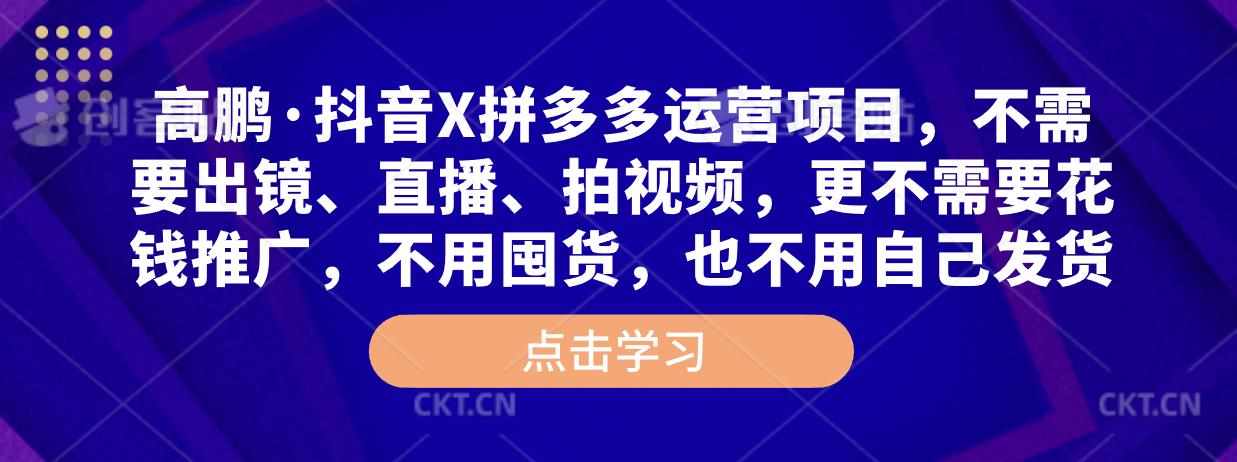 高鹏·抖音X拼多多运营项目，不需要出镜、直播、拍视频，不需要花钱推广，不用囤货，不用自己发货-泰戈创艺资源库