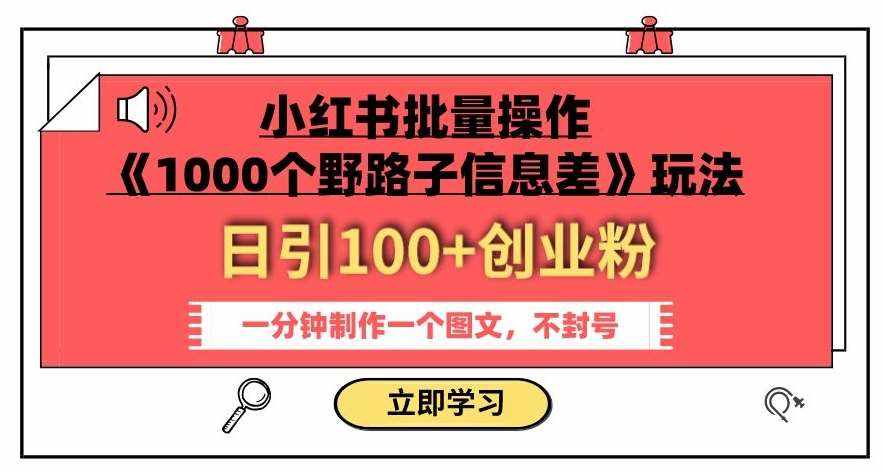 小红书批量操作《1000个野路子信息差》玩法，一分钟制作一个图文，不封号，日引100+创业粉-泰戈创艺资源库