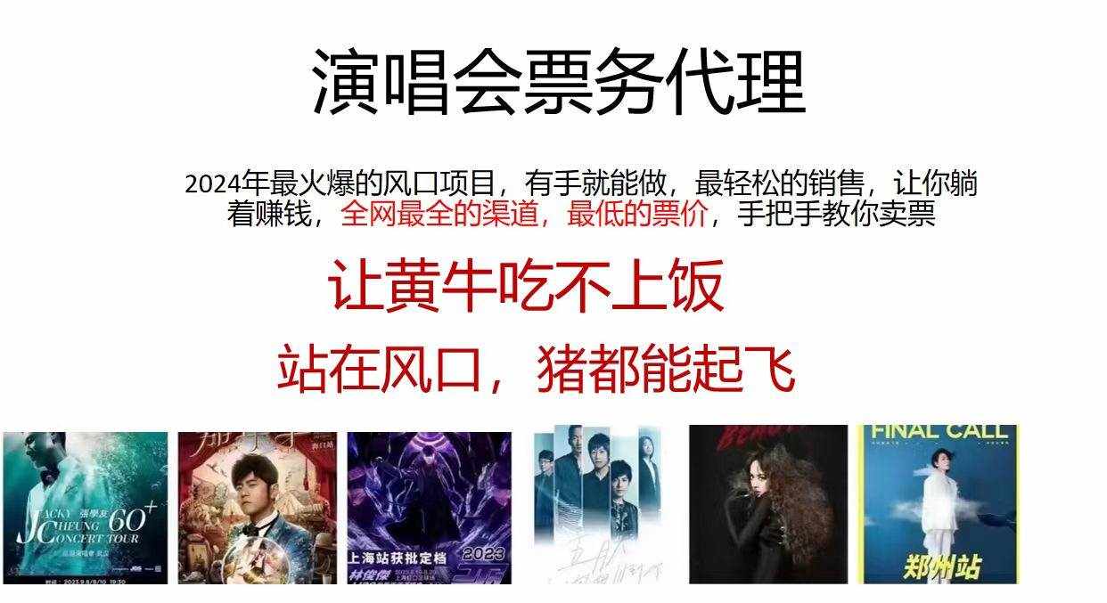 (12011期)2024演唱会低票务代理,新手可上手,手把手教你卖票,日入2000+,会玩…-泰戈创艺资源库