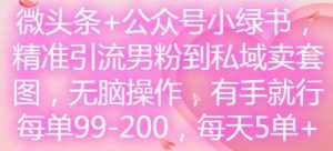 微头条+公众号小绿书，精准引流男粉到私域卖套图，无脑操作，有手就行，每单99-200，每天5单-泰戈创艺资源库