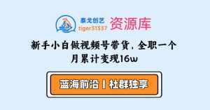 新手小白做视频号带货，全职一个月累计变现16w-泰戈创艺资源库