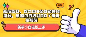 （13769期）蓝海项目，龙之谷2全自动搬砖游戏，单窗口日收益30＋可批量矩阵-泰戈创艺资源库