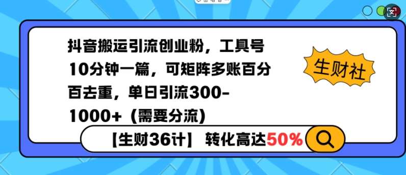 抖音搬运引流创业粉，工具号10分钟一篇，可矩阵多账百分百去重，单日引流300+（需要分流）-泰戈创艺资源库