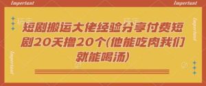 短剧搬运大佬经验分享付费短剧20天撸20个(他能吃肉我们就能喝汤)-泰戈创艺资源库