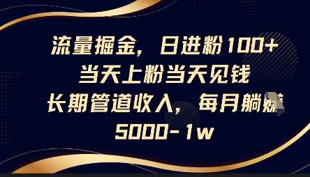 流量掘金，日进粉100+，当天上粉当天见钱，长期管道收入，每月躺挣5k-泰戈创艺资源库