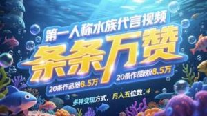 第一人称水族代言视频，条条万赞，20条作品涨粉7.8W，多种变现方式月入五位数-泰戈创艺资源库