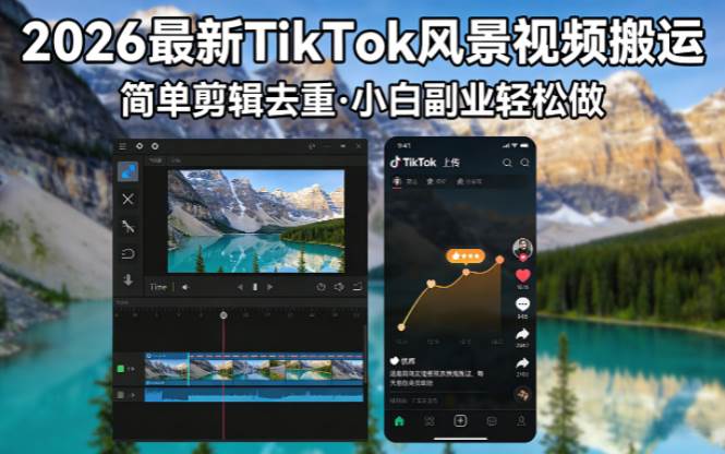 （18001期）2026最新TikTok风景视频搬运简单剪辑去重小白副业月入 8000-泰戈创艺资源库