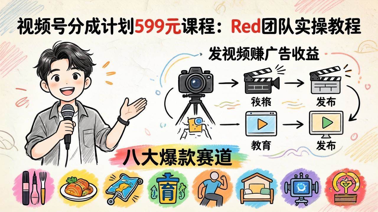 （18088期）视频号分成计划599元课程：Red团队实操教程，发视频赚广告收益，八大爆款赛道全掌握-泰戈创艺资源库