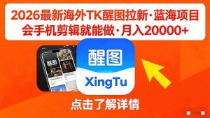 (18112期)26年最新海外Tk醒图拉新,蓝海项目,会手机剪辑就可以做,月入20000+-泰戈创艺资源库