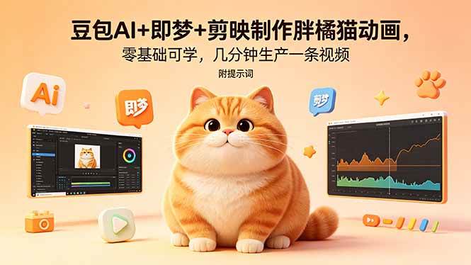 （18431期）豆包AI+即梦+剪映制作胖橘猫动画，零基础可学，几分钟生产一条视频，附提示词-泰戈创艺资源库