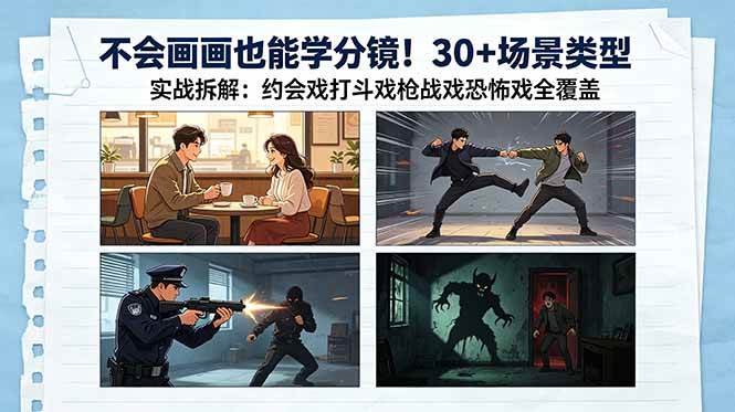 （18591期）不会画画也能学分镜！30+场景类型实战拆解：约会戏打斗戏枪战戏恐怖戏全覆盖-泰戈创艺资源库