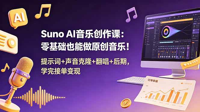 (18945期) Suno AI音乐创作课:零基础也能做原创音乐!提示词+声音克隆+翻唱+后期,学完接单变现-泰戈创艺资源库