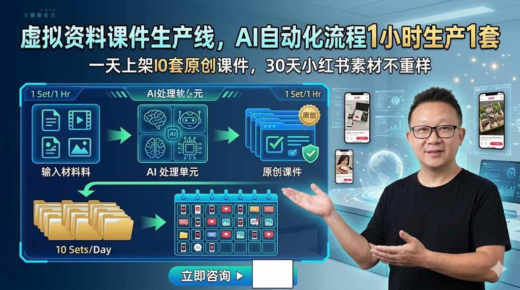 (19091期)虚拟资料课件生产线,AI自动化流程1小时生产1套,一天上架10套原创课件,30天小红书素材不重样-泰戈创艺资源库