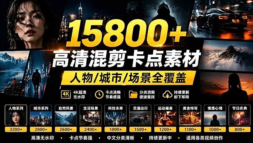 (19120期)【影视剪辑素材合集】15800+高清混剪卡点|热门影视精彩片段|人物/城市/场景全覆盖,中文分类清晰-泰戈创艺资源库