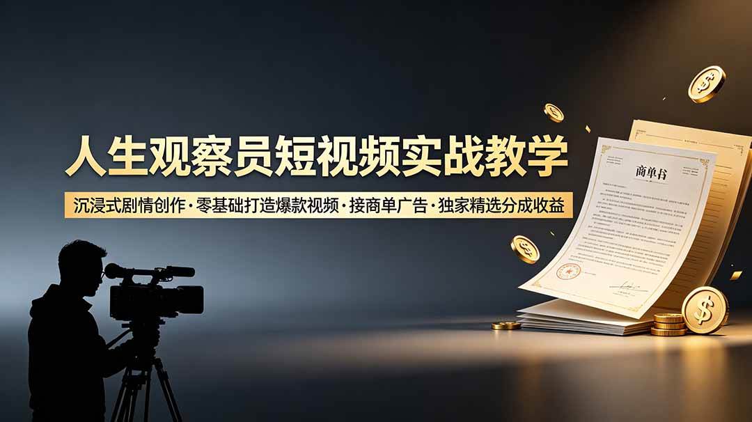 (19113期)人生观察员短视频实战教学,沉浸式剧情创作,零基础打造爆款视频,接商单广告,独家精选分成收益-泰戈创艺资源库