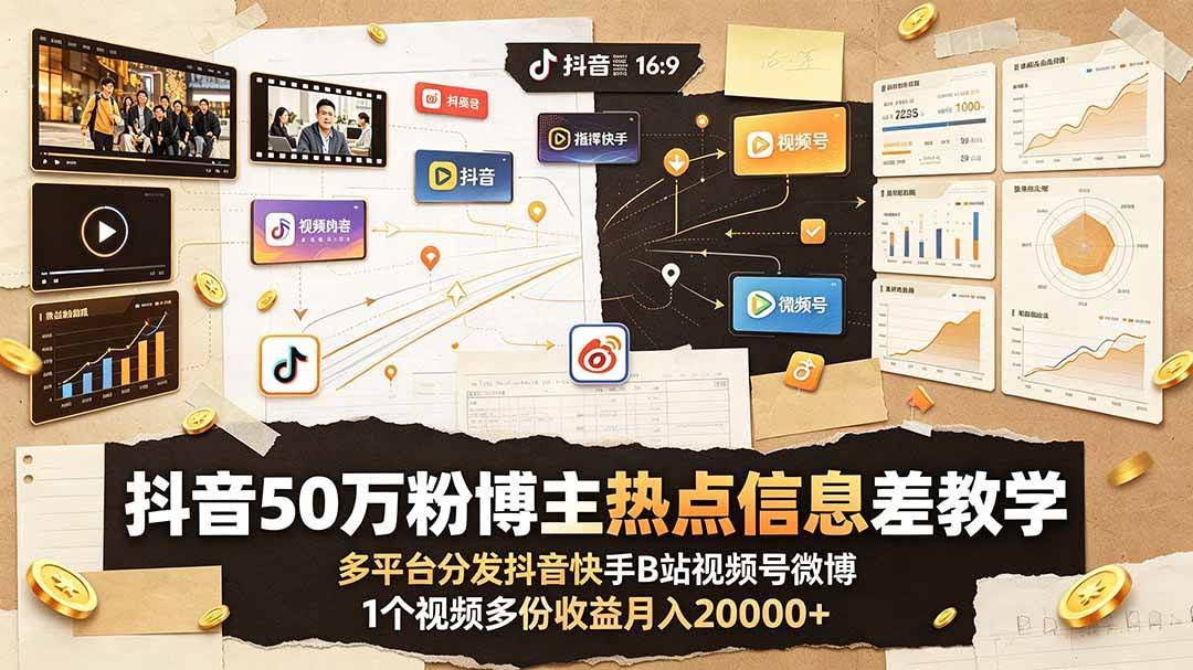 (19145期)抖音50万粉博主热点信息差教学:多平台分发抖音快手B站视频号微博,1个视频多份收益月入20000+-泰戈创艺资源库