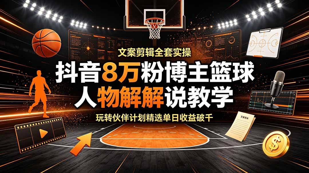 (19135期)抖音8万粉博主篮球人物解说教学,文案剪辑全套实操,玩转伙伴计划精选单日收益破千-泰戈创艺资源库