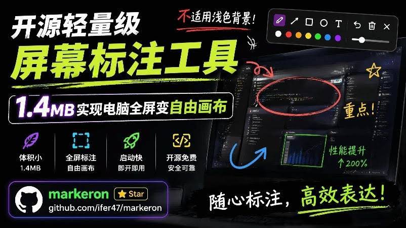 (19132期)开源轻量级屏幕标注工具,1.4MB实现电脑全屏变自由画布!支持8种标注工具和全键盘操控MarkerOn-泰戈创艺资源库