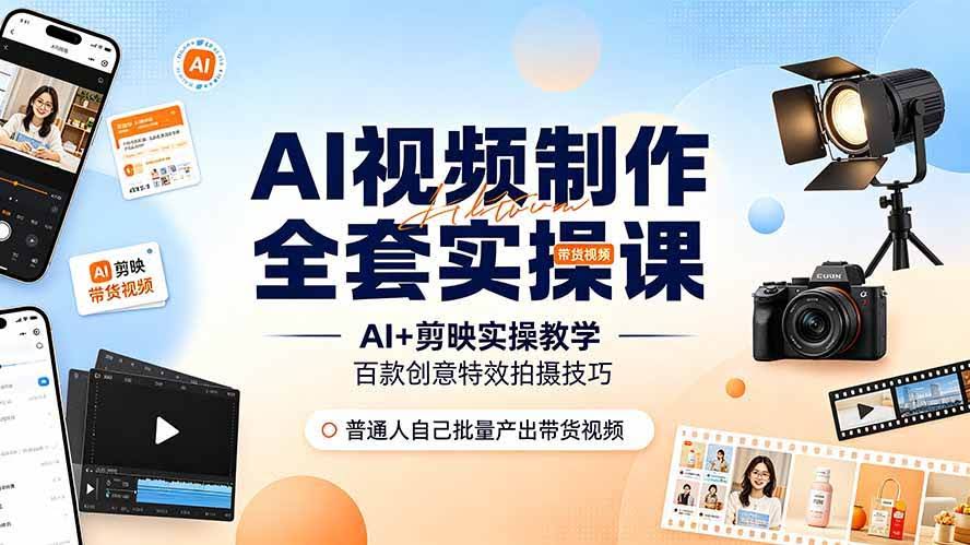 (19200期)AI视频制作全套实操课,多款AI工具搭配剪映教学,百种特效运镜拍摄实操,抖音账号带货运营全覆盖-泰戈创艺资源库