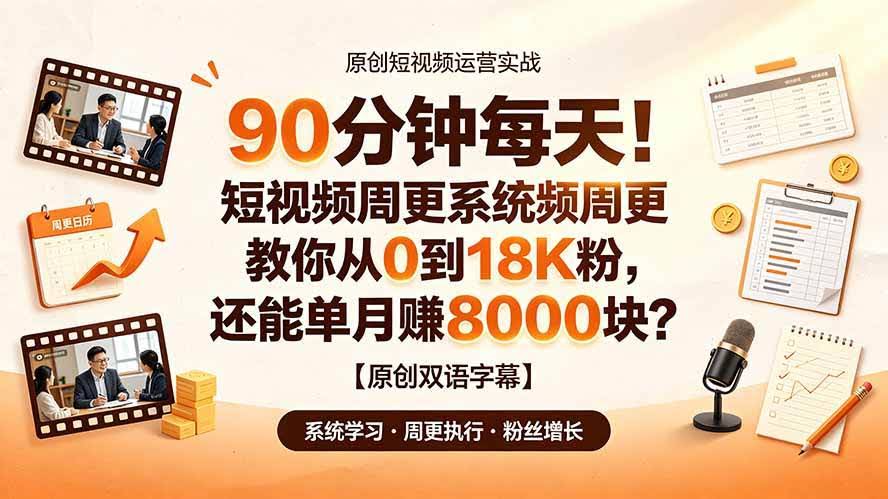 （19265期）90 分钟每天！短视频周更系统教你从 0 到 18K 粉，还能单月赚 8000 块？【原创双语字幕】-泰戈创艺资源库