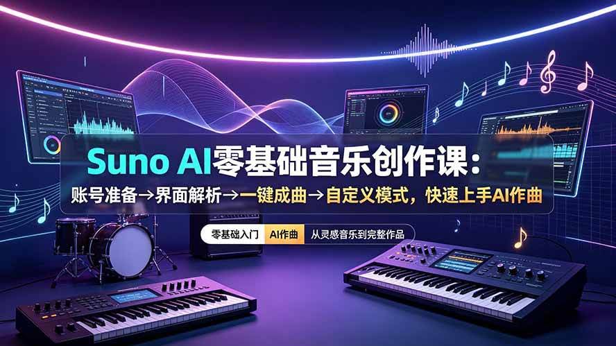 （19264期）Suno AI零基础音乐创作课：账号准备→界面解析→一键成曲→自定义模式，快速上手AI作曲-泰戈创艺资源库