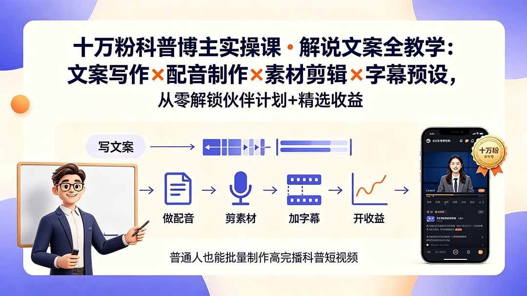 (19275期)10万粉科普博主实操课-解说文案全教学:文案写作×配音制作×素材剪辑×字幕预设,从零解锁伙伴计划+精选收益-泰戈创艺资源库