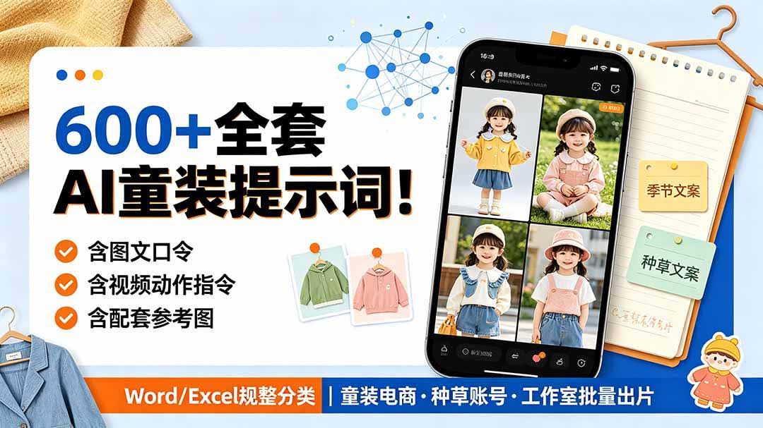 (19302期)600+全套AI童装提示词!含图文口令+视频动作指令+配套参考图,Word/Excel规整分类,童装电商、种草无脑量产内容-泰戈创艺资源库