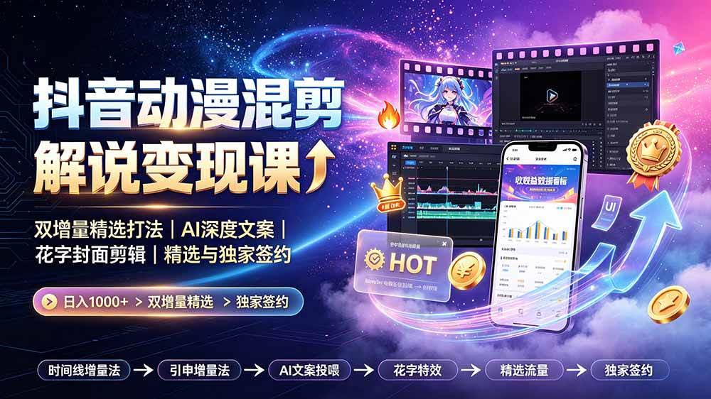 （19311期）抖音动漫混剪解说变现课：双增量精选打法｜AI深度文案｜花字封面剪辑｜ 精选与独家签约日入1000+-泰戈创艺资源库