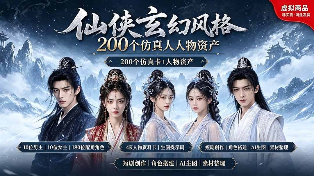 (19301期)200个仙侠玄幻仿真人素材◆10男主×10女主×180配角,4K资料卡+AI生图提示词,漫剧必备-泰戈创艺资源库