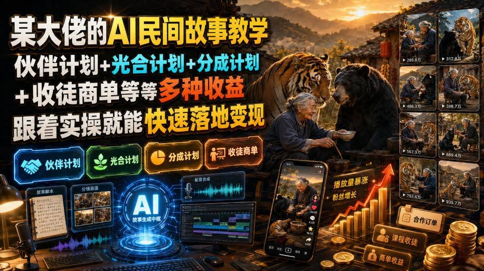 (19360期)某大佬的AI民间故事教学,伙伴计划+光合计划+分成计划+收徒商单等多种收益,跟着实操就能快速落地变现-泰戈创艺资源库