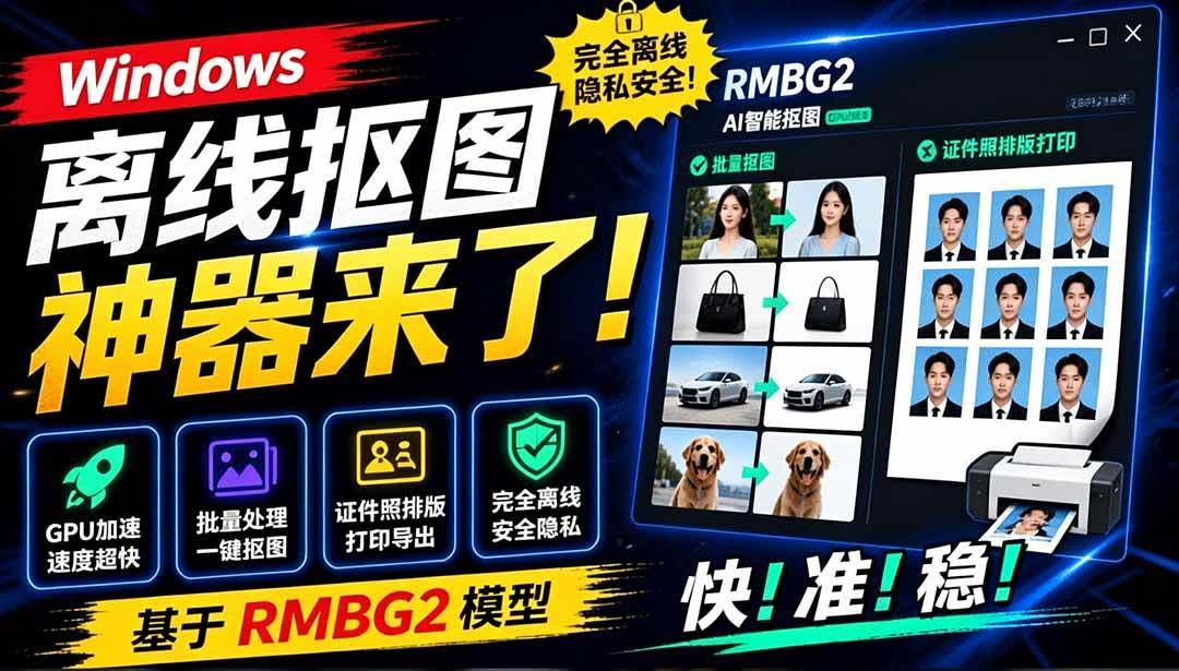 (19357期)Windows离线抠图神器来了!支持批量抠图 + 证件照排版打印,基于RMBG2模型,GPU加速 方块AI抠图-泰戈创艺资源库