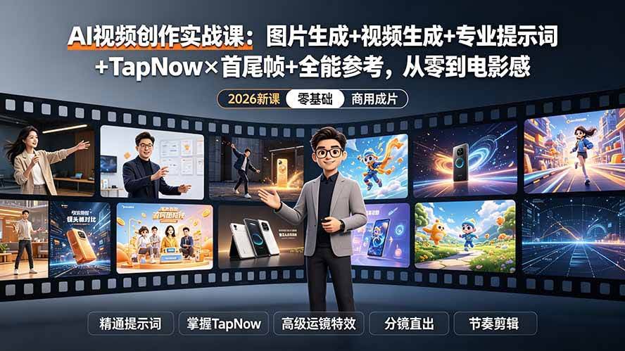 (19383期)AI视频创作实战课:图片生成+视频生成+专业提示词+TapNow×首尾帧+全能参考,从零到电影感成片-泰戈创艺资源库