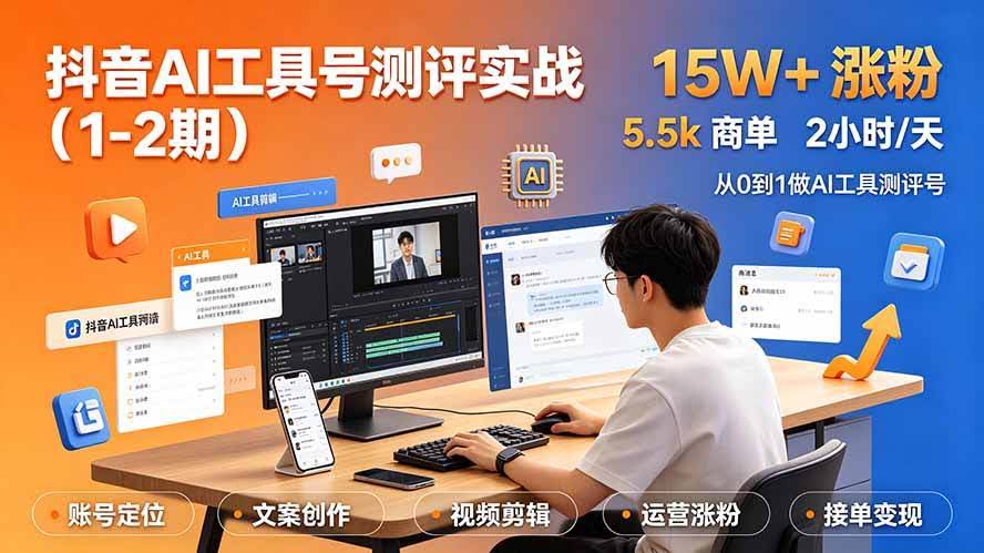 （19380期）抖音AI工具号测评实战（1-2期）：单号涨粉15W+×商单5.5k×伙伴计划×普通人可复制，每天2小时长期可持续-泰戈创艺资源库