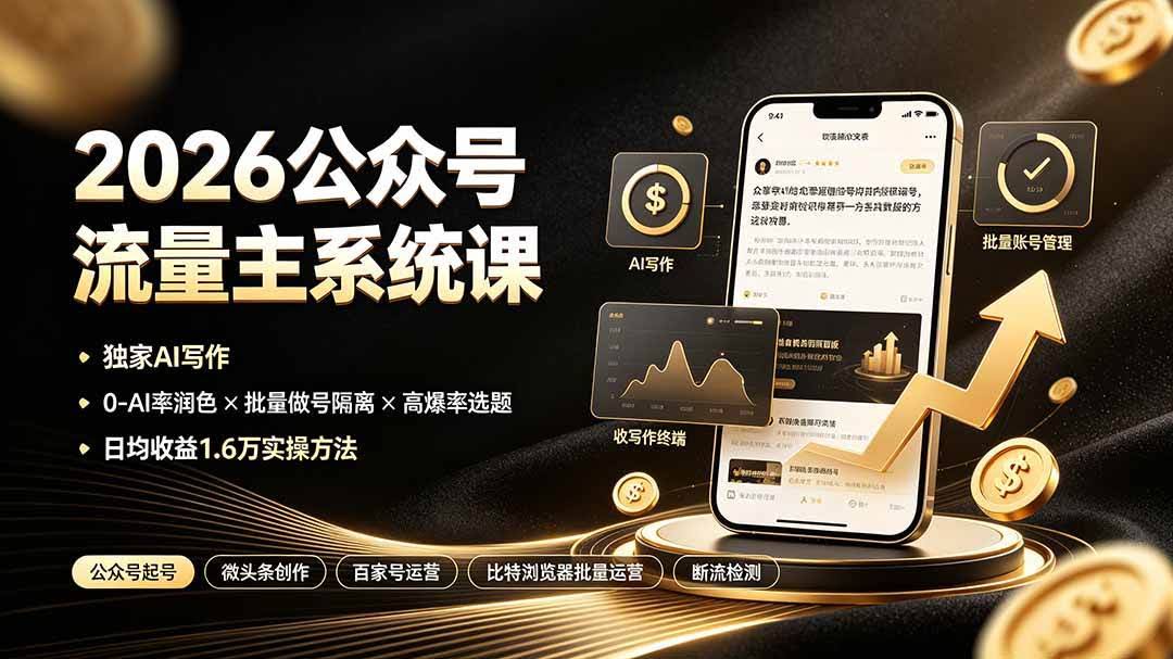 （19405期）2026公众号流量主系统课：独家AI写作×0-AI率润色×批量做号隔离×高爆率选题，日均收益1.6万实操方法-泰戈创艺资源库