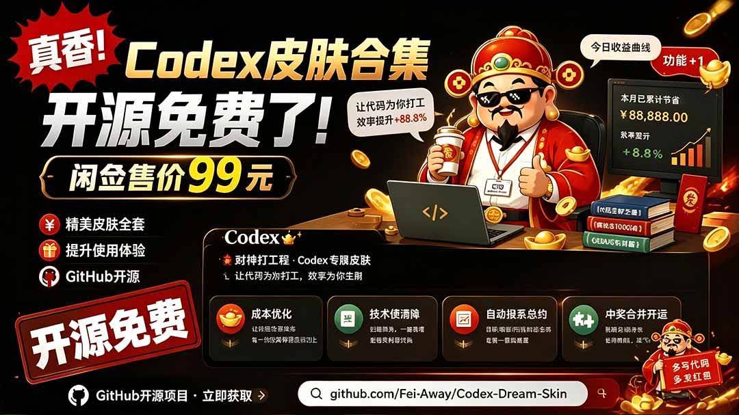 (19432期)闲鱼售卖99元的Codex皮肤包,GitHub 免费开源了!让你的codex变成精美界面 Codex Dream Skin-泰戈创艺资源库