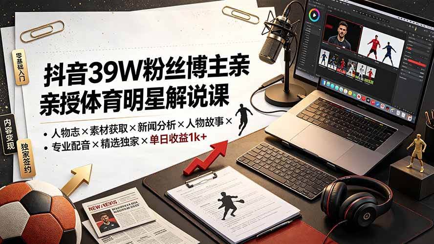 （19476期）抖音39W粉丝博主亲授体育明星解说课：人物志×素材获取×新闻分析×人物故事×专业配音×精选独家×单日收益1k+-泰戈创艺资源库