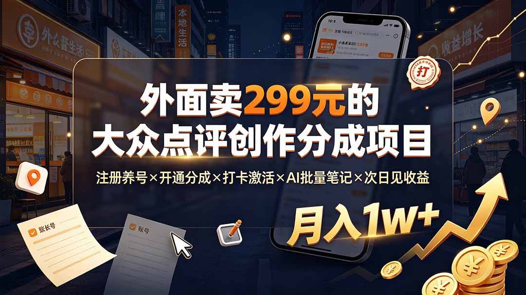 (19488期)外面卖299元的大众点评创作分成项目:注册养号×开通分成×打卡激活×AI批量笔记×次日见收益,月入1w+-泰戈创艺资源库