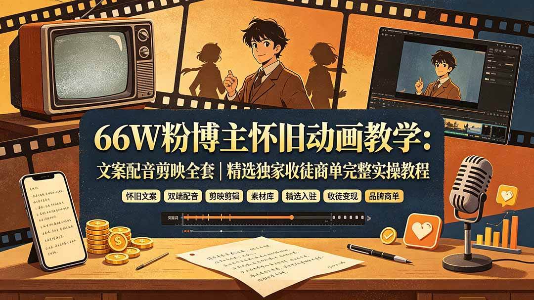 （19499期）66W粉博主怀旧动画教学：文案配音剪映全套｜精选独家收徒商单完整实操教程-泰戈创艺资源库