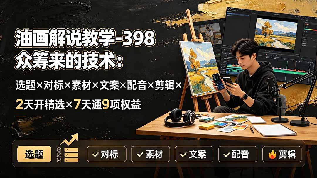 （19527期）油画解说教学-398众筹来的技术：选题×对标×素材×文案×配音×剪辑×2天开精选×7天通9项权益-泰戈创艺资源库