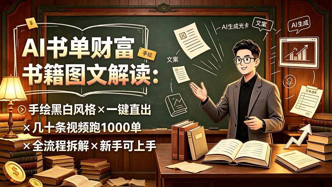 (19515期)AI书单财富书籍图文解读:手绘黑白风格×一键直出×几十条视频跑1000单×全流程拆解×新手可上手-泰戈创艺资源库