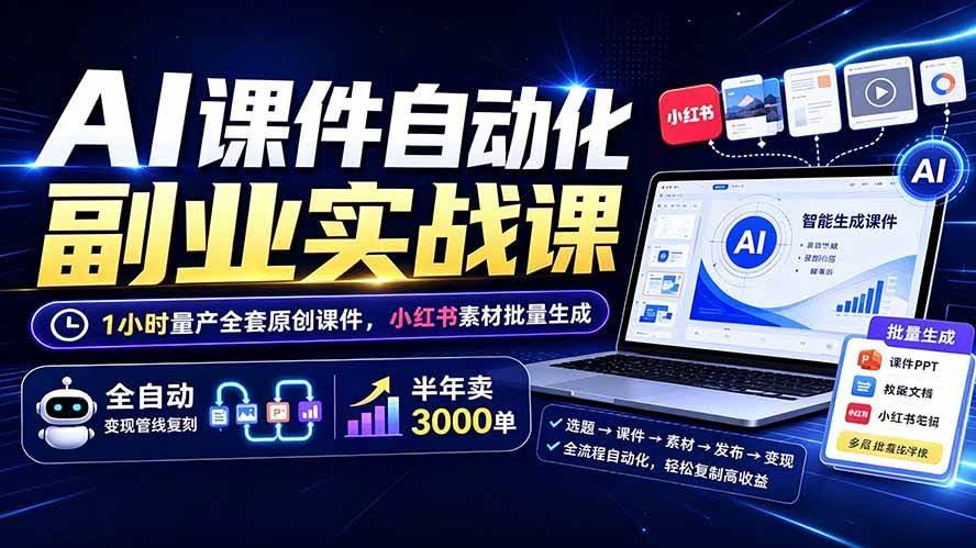 （19518期）AI课件自动化副业实战课：1小时量产全套原创课件×小红书素材批量生成×全自动变现管线×半年卖3000单-泰戈创艺资源库