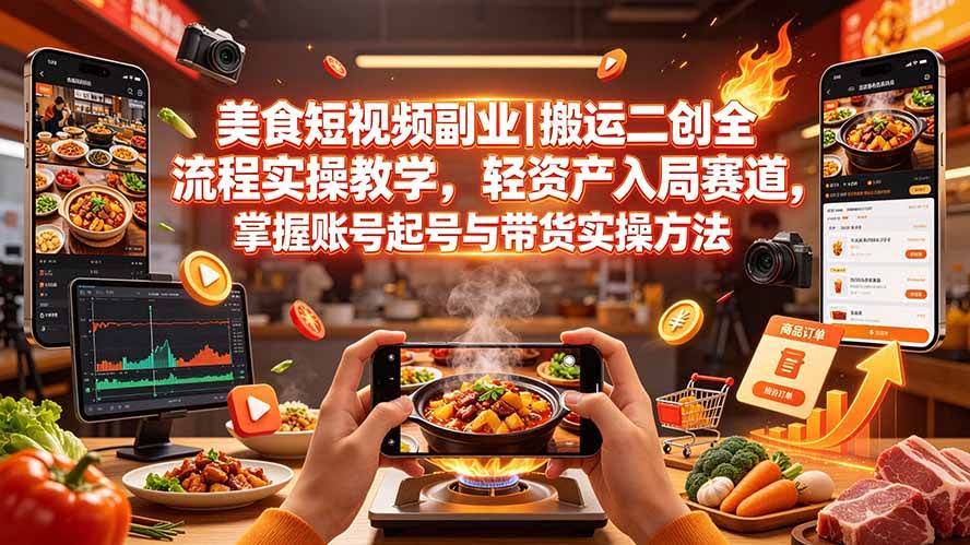(19535期)美食短视频副业|搬运二创全流程实操教学,轻资产入局赛道,掌握账号起号与带货实操方法-泰戈创艺资源库