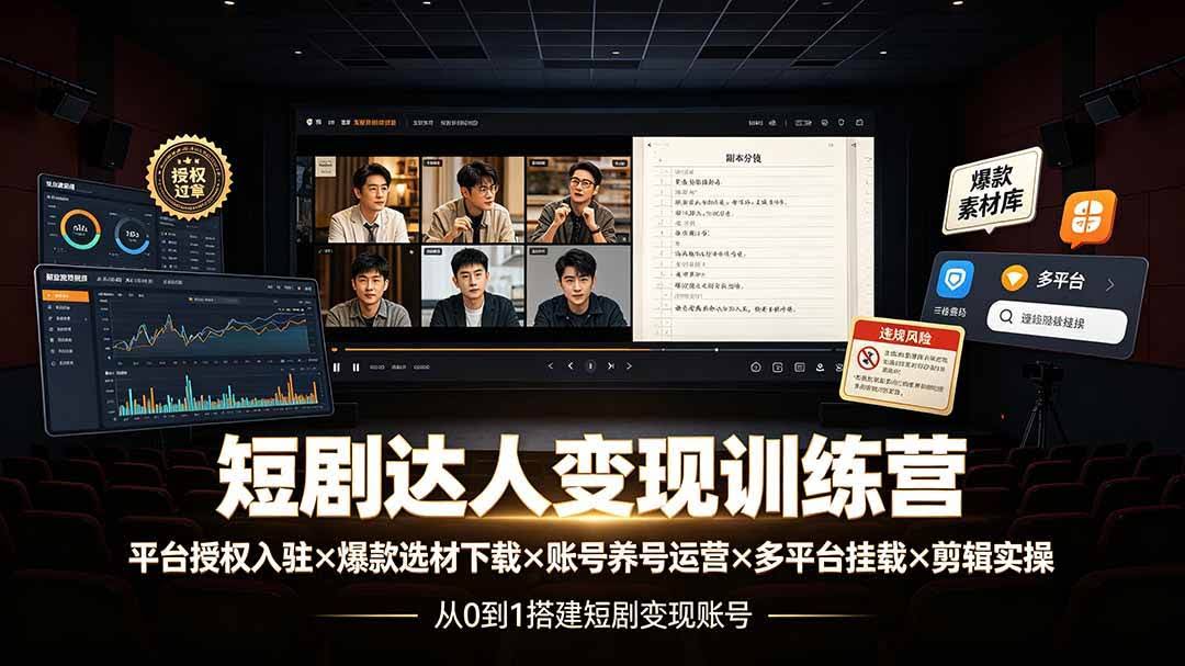 (19551期)短剧达人变现训练营:平台授权入驻×爆款选材下载×账号养号运营×多平台挂载×剪辑实操×违规处理全流程-泰戈创艺资源库