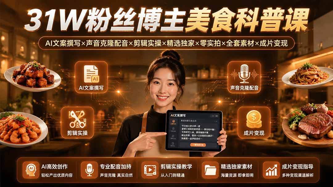 (19558期)31W粉丝博主美食科普课:AI文案撰写×声音克隆配音×剪辑实操×精选独家×零实拍×全套素材×成片变现-泰戈创艺资源库