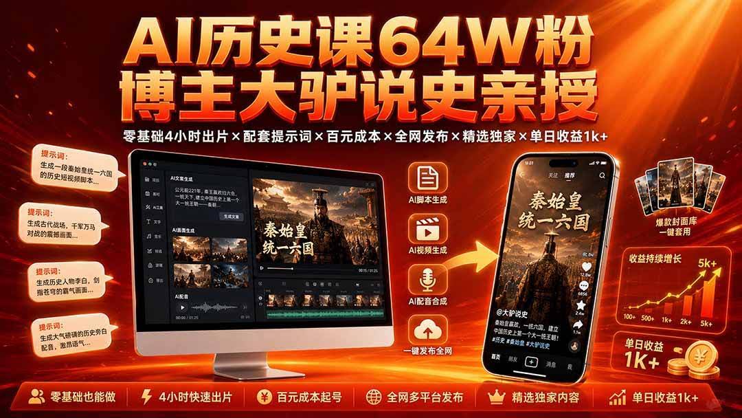 (19557期)AI历史课64W粉博主大驴说史亲授:零基础4小时出片×配套提示词×百元成本×全网发布×精选独家×单日收益1k+-泰戈创艺资源库