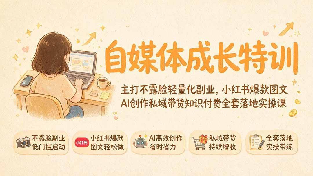 (19584期)自媒体成长特训|主打不露脸轻量化副业,小红书爆款图文AI创作私域带货知识付费全套落地实操课-泰戈创艺资源库